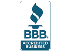 A bbb accredited business logo with a blue flame on a white background.
