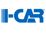 A blue and white logo for i-car on a white background.