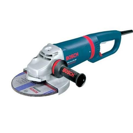 Amoladora angular Bosch azul y plateada con un disco de amolar acoplado, apoyada sobre una superficie blanca.