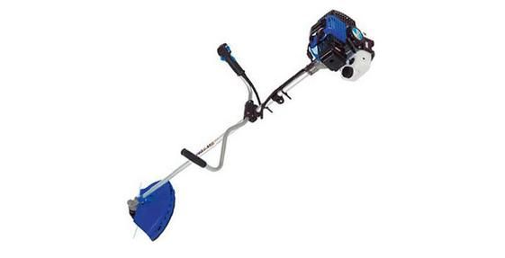 Cortadora de hilo azul y plateada sobre fondo blanco.