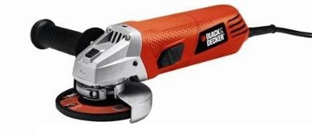 Amoladora angular Black & Decker, color naranja y plata, con mango negro y disco rojo.