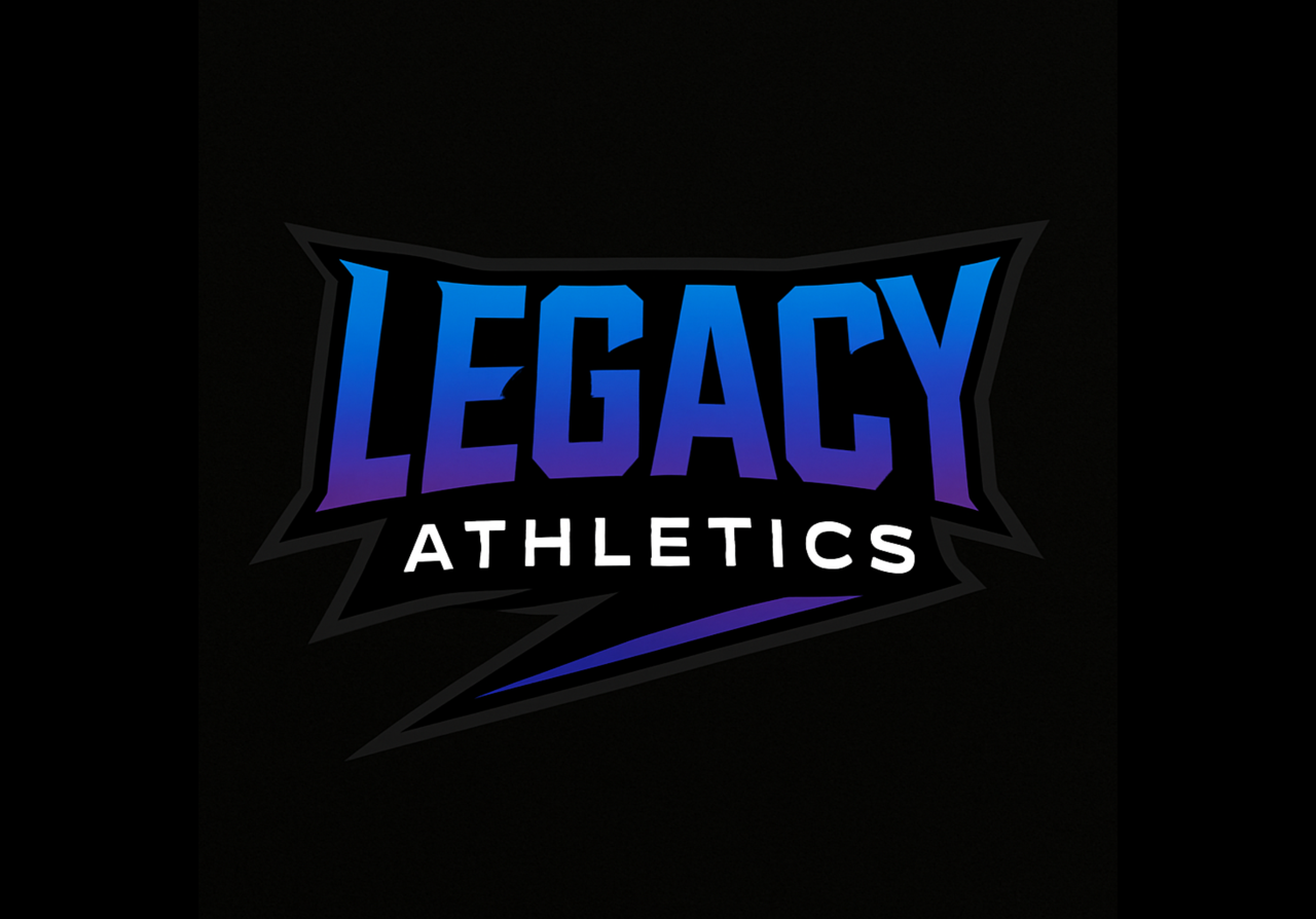 Logo for Legacy Athletics. Blue and purple text on a black background.