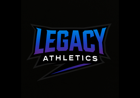 Logo for Legacy Athletics. Blue and purple text on a black background.