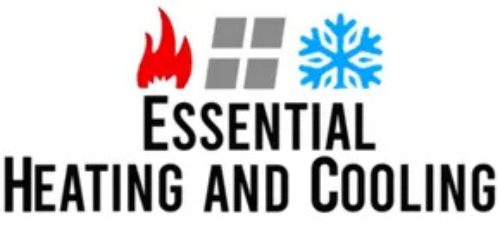 A logo for essential heating and cooling with a fire and snowflake