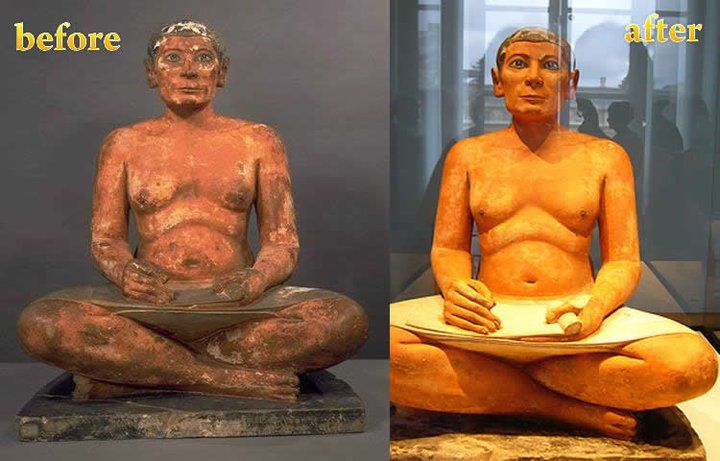 A before and after picture of a statue of a man sitting in a lotus position