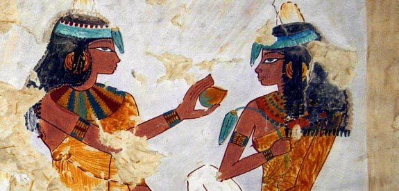 A painting of two women standing next to each other on a wall.