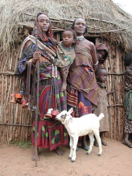 A group of people standing next to a small white goat