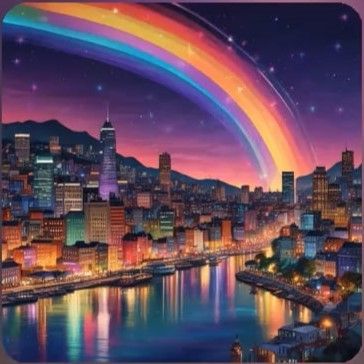 A city at night with a rainbow in the sky