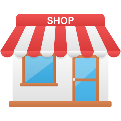 A cartoon illustration of a shop with a red awning