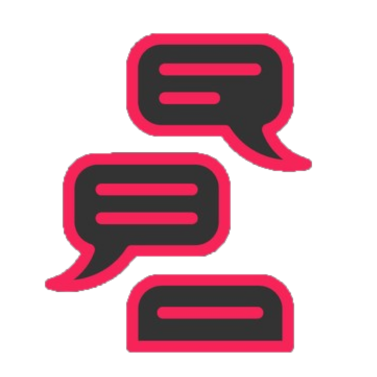 Three red and black speech bubbles on a white background