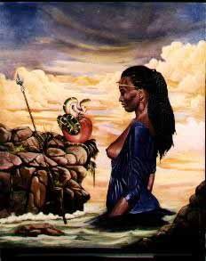 A painting of a woman standing on a rock in the water.
