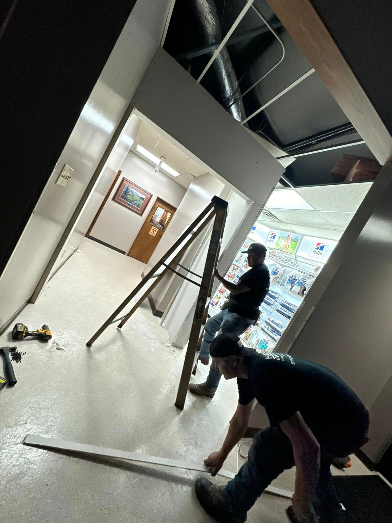 Two men are working on a ladder in a room.
