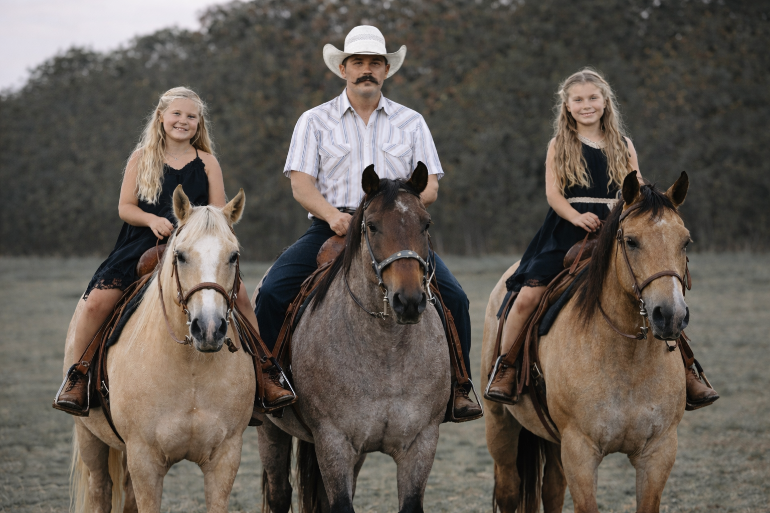 A family is posing for a picture in a field.