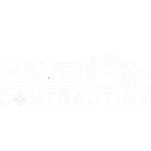 A white logo for a company called haven contracting.