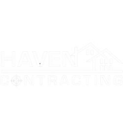 A white logo for a company called haven contracting.