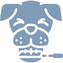 A blue icon of a dog with a screwdriver in its mouth.