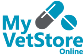 A blue and gray logo for my vetstore online