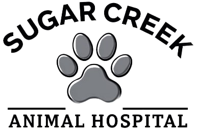 The logo for sugar creek animal hospital has a paw print on it.