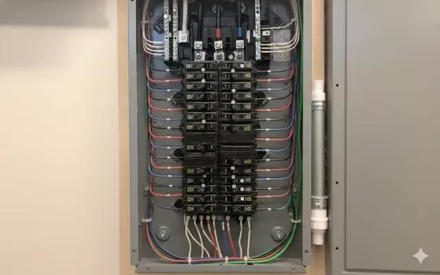 Open electrical breaker panel with neatly wired circuits and switches inside a metal cabinet.