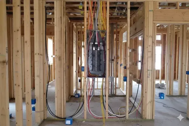 An electrical breaker panel installed in the wooden framing of a house under construction with wiring extending above.