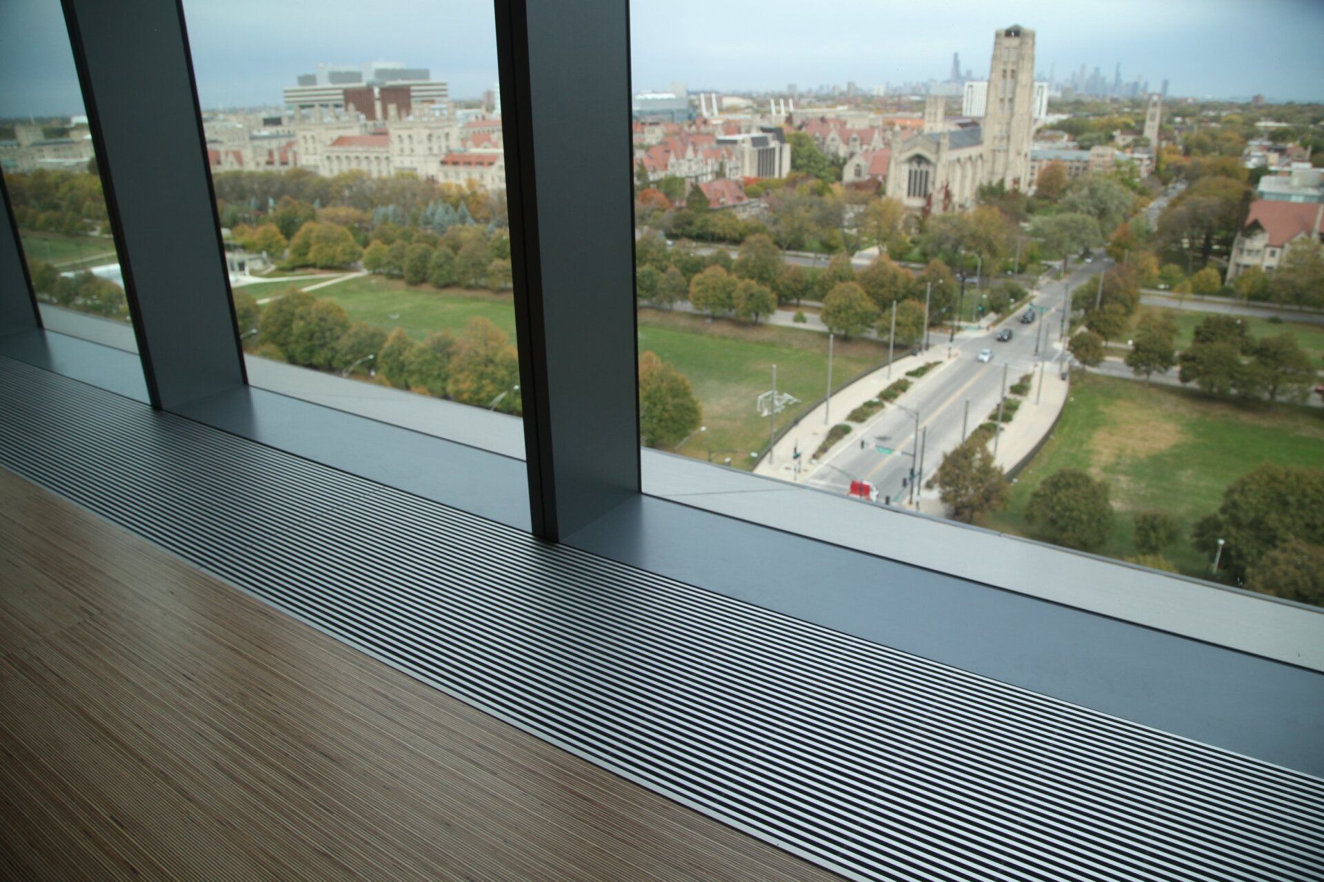 A large window with a view of a city