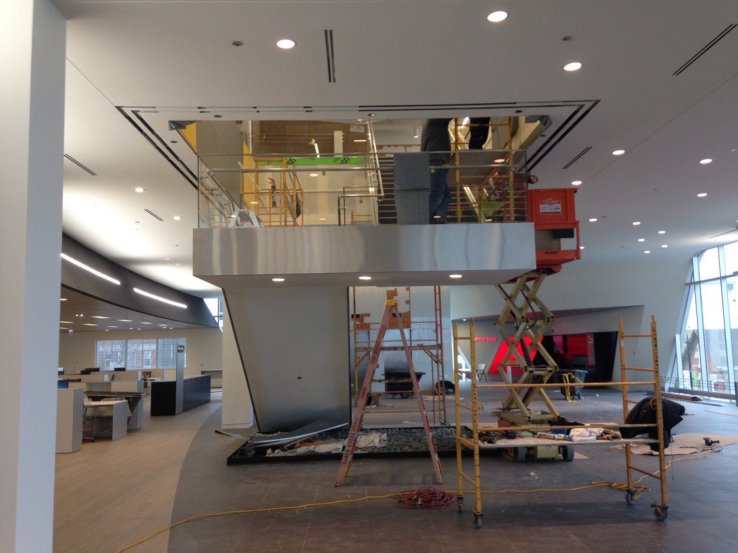 A staircase is being built in an office building
