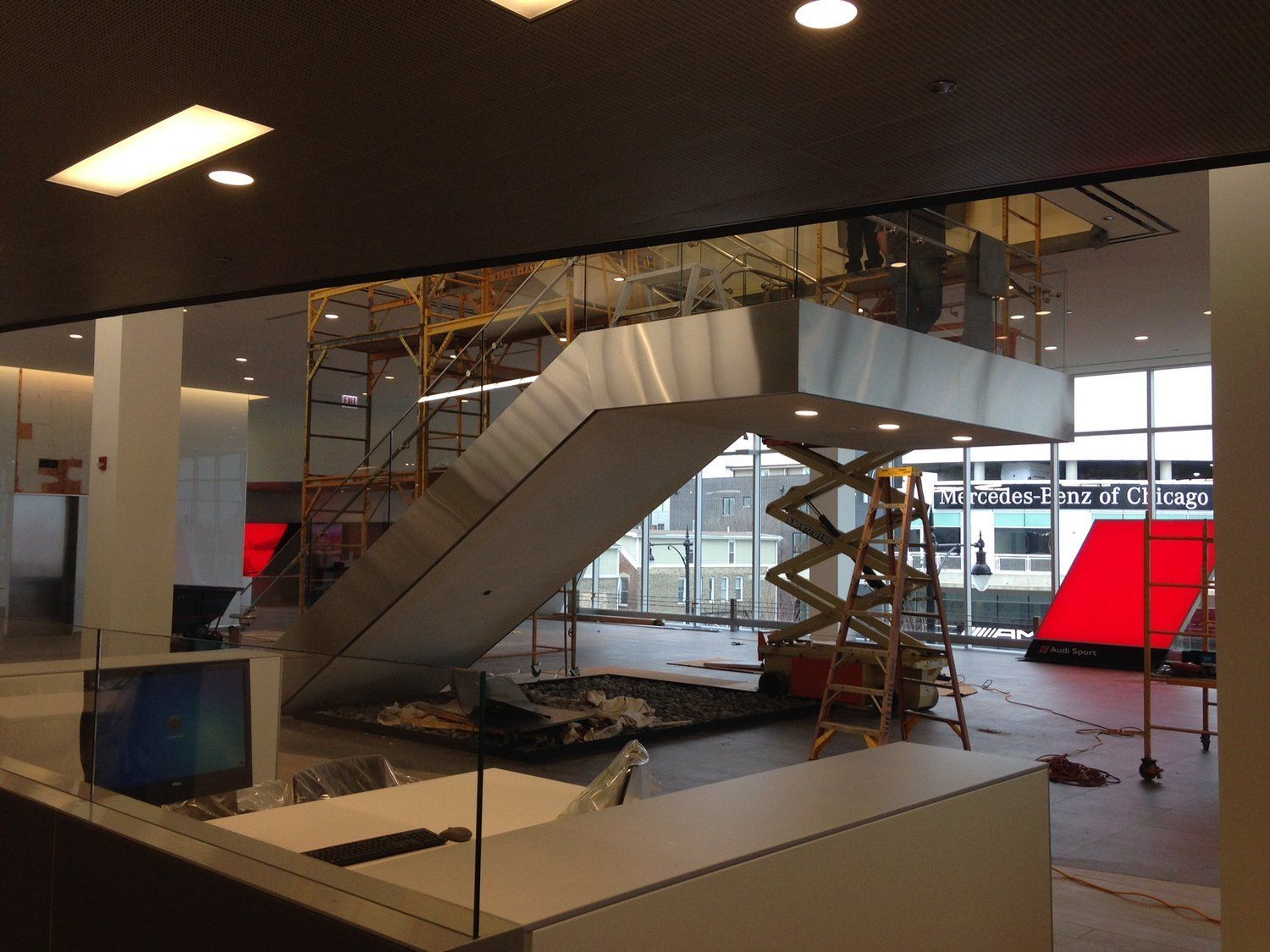A staircase is being built inside of a building