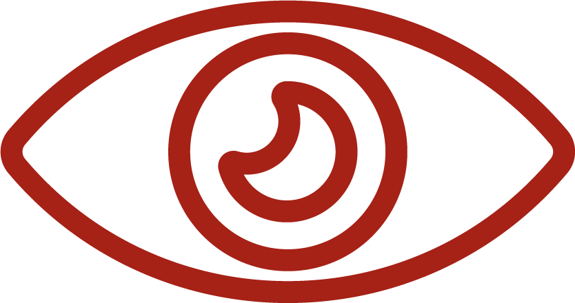 A red eye with a spiral in the middle of it.