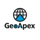 Logo for GeoApex: Globe with blue mountain peak, over the company name.