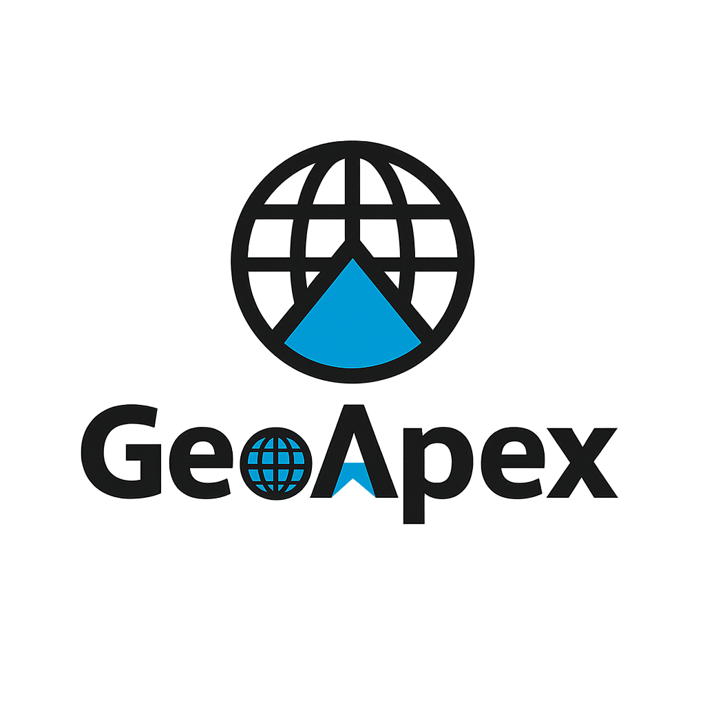 Logo for GeoApex: Globe with blue mountain peak, over the company name.