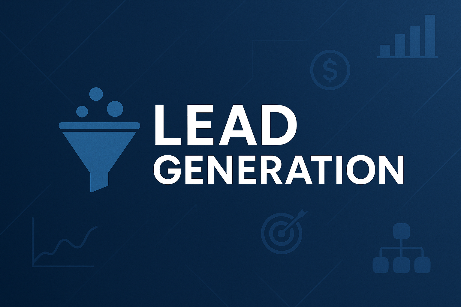 Lead generation graphic: funnel, text, and financial icons on dark blue background.