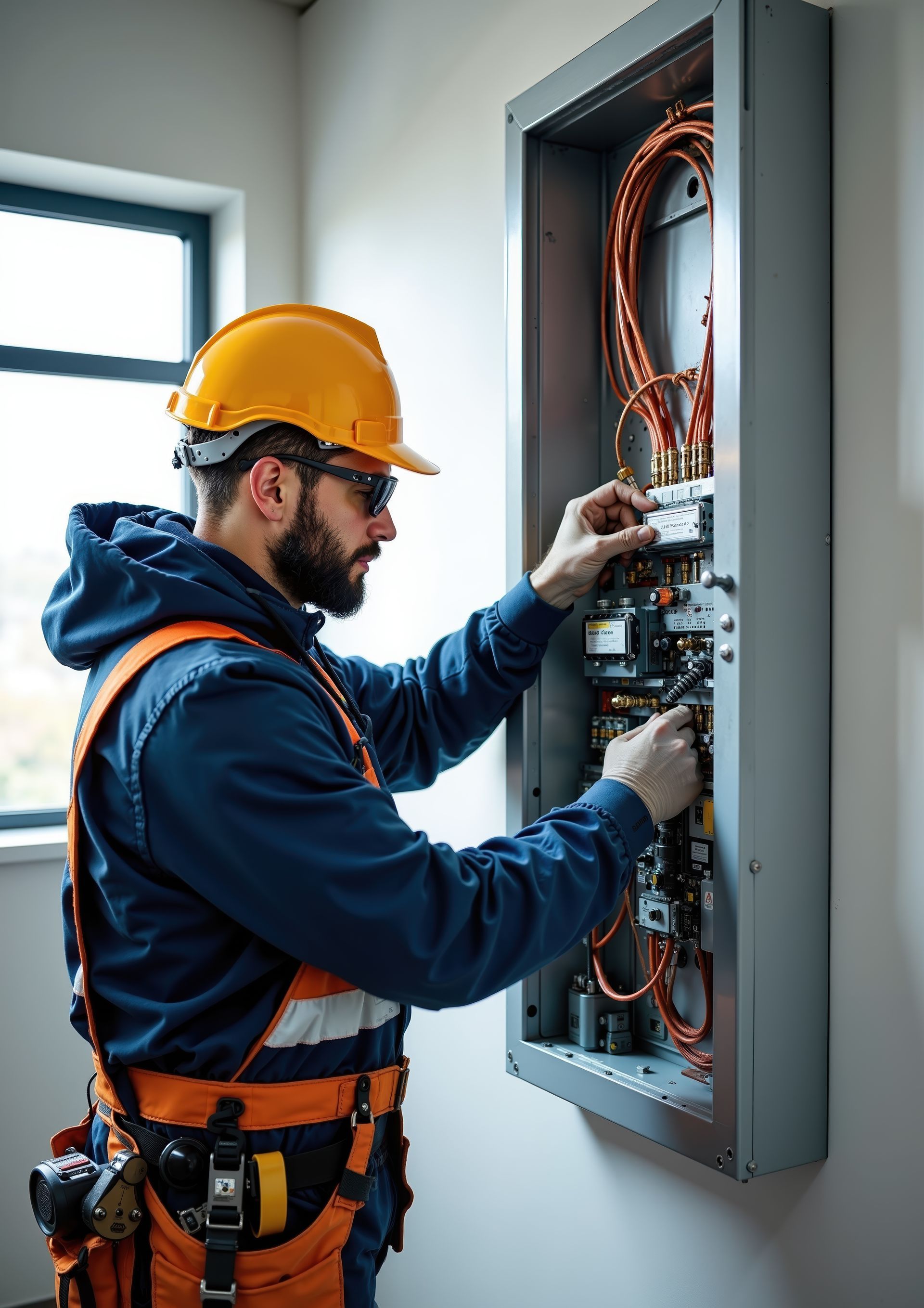 A male residential electrician repairing a circuit breaker in a home electrical panel. A male residential electrician repairing a circuit breaker in a home electrical panel.