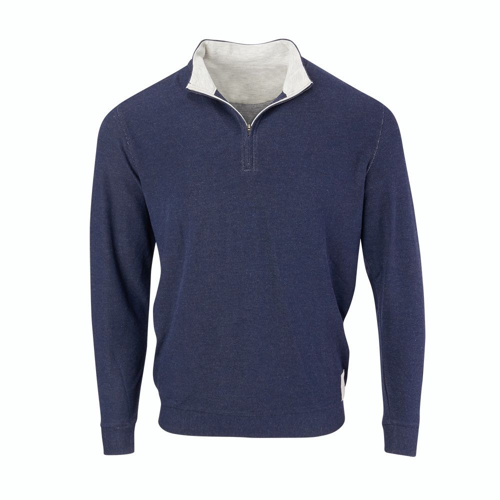 A blue sweater with a white collar and zipper