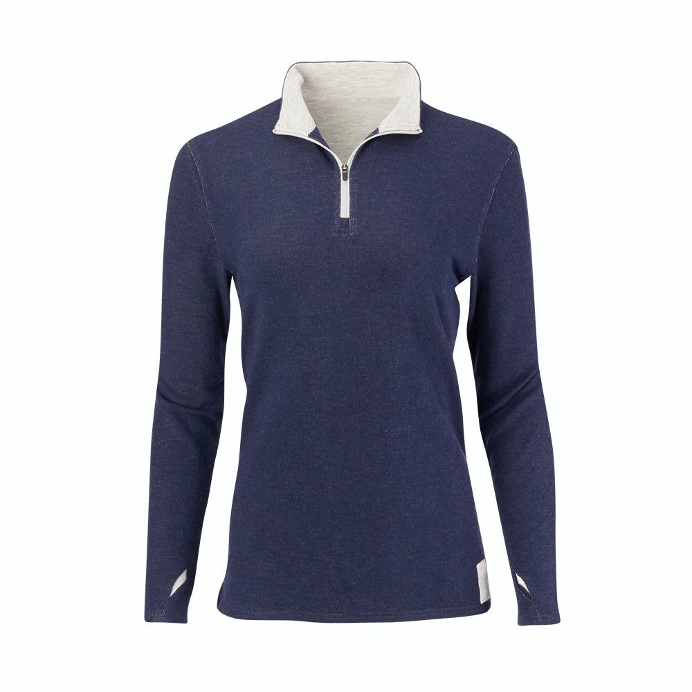 A blue sweater with a white zipper on the front