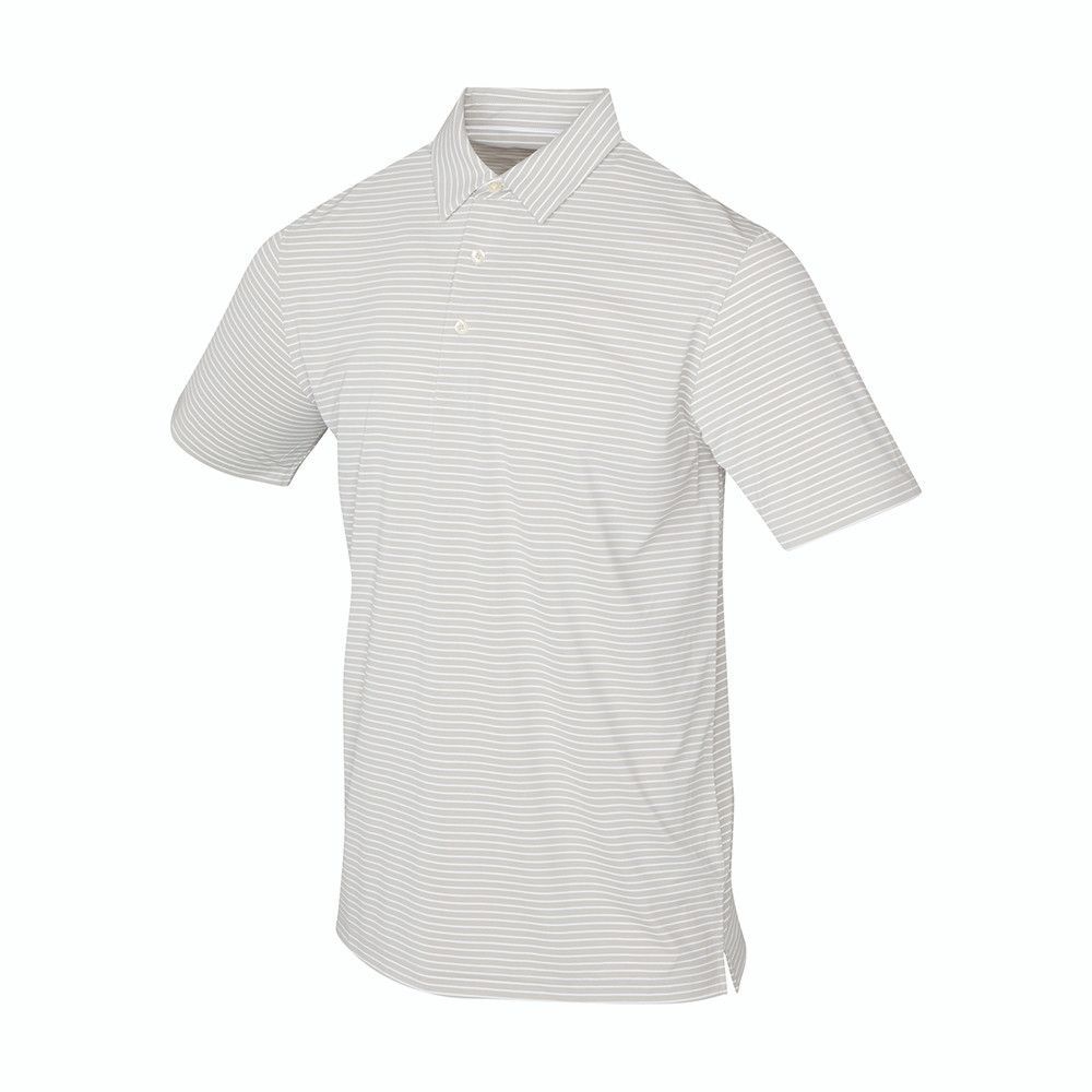 A white striped polo shirt with short sleeves and a collar on a white background.