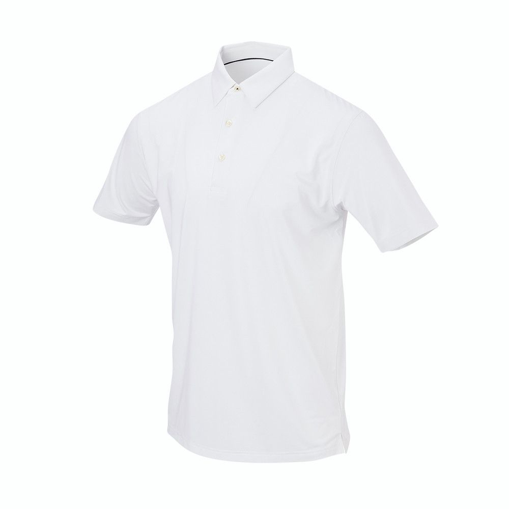 A white polo shirt with short sleeves and a collar on a white background.