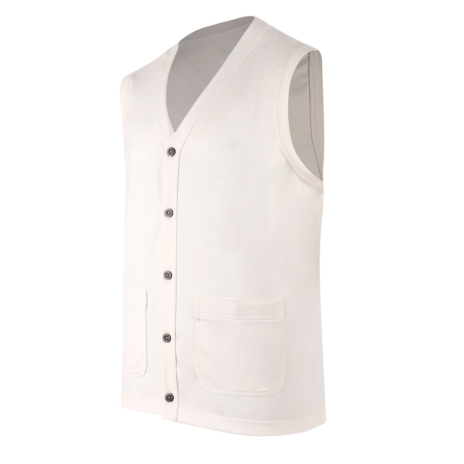 A white vest with black buttons and pockets on a white background.