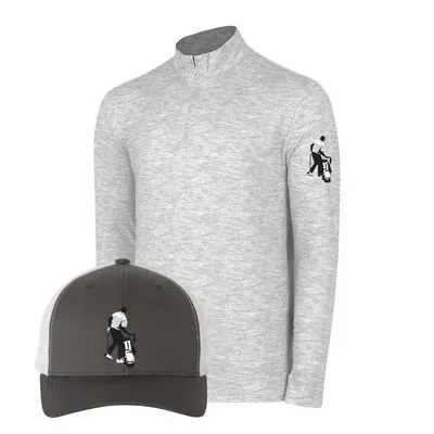A gray shirt and a gray hat are on a white background.