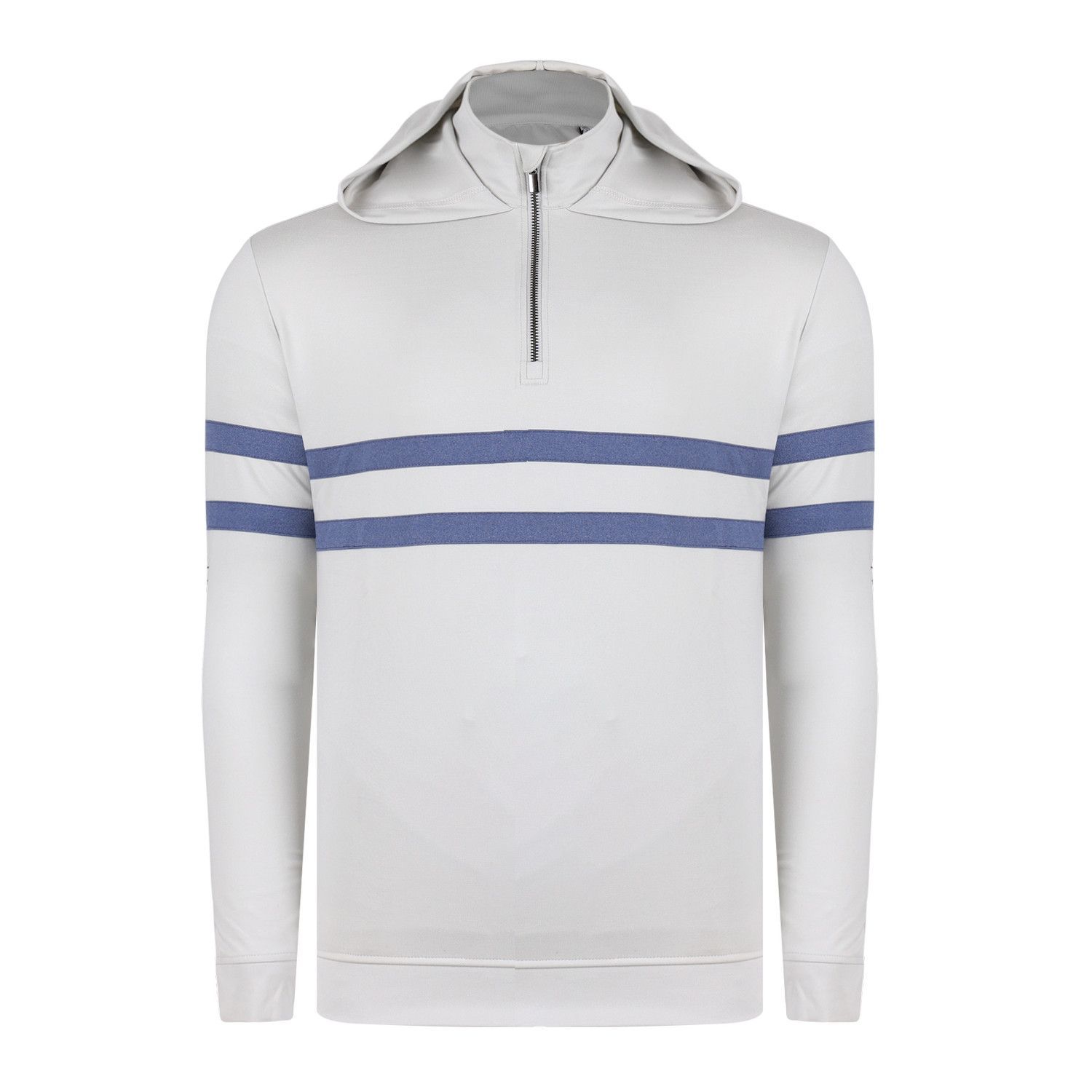 A white sweater with blue stripes and a hood