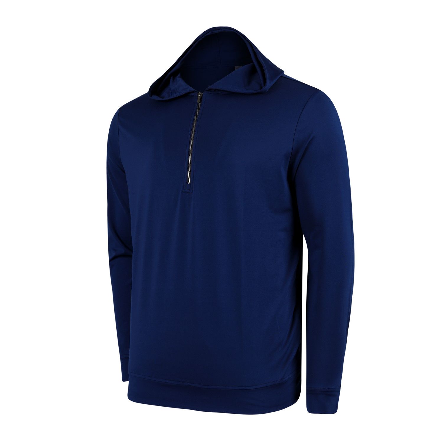 A blue hoodie with a zipper on the front