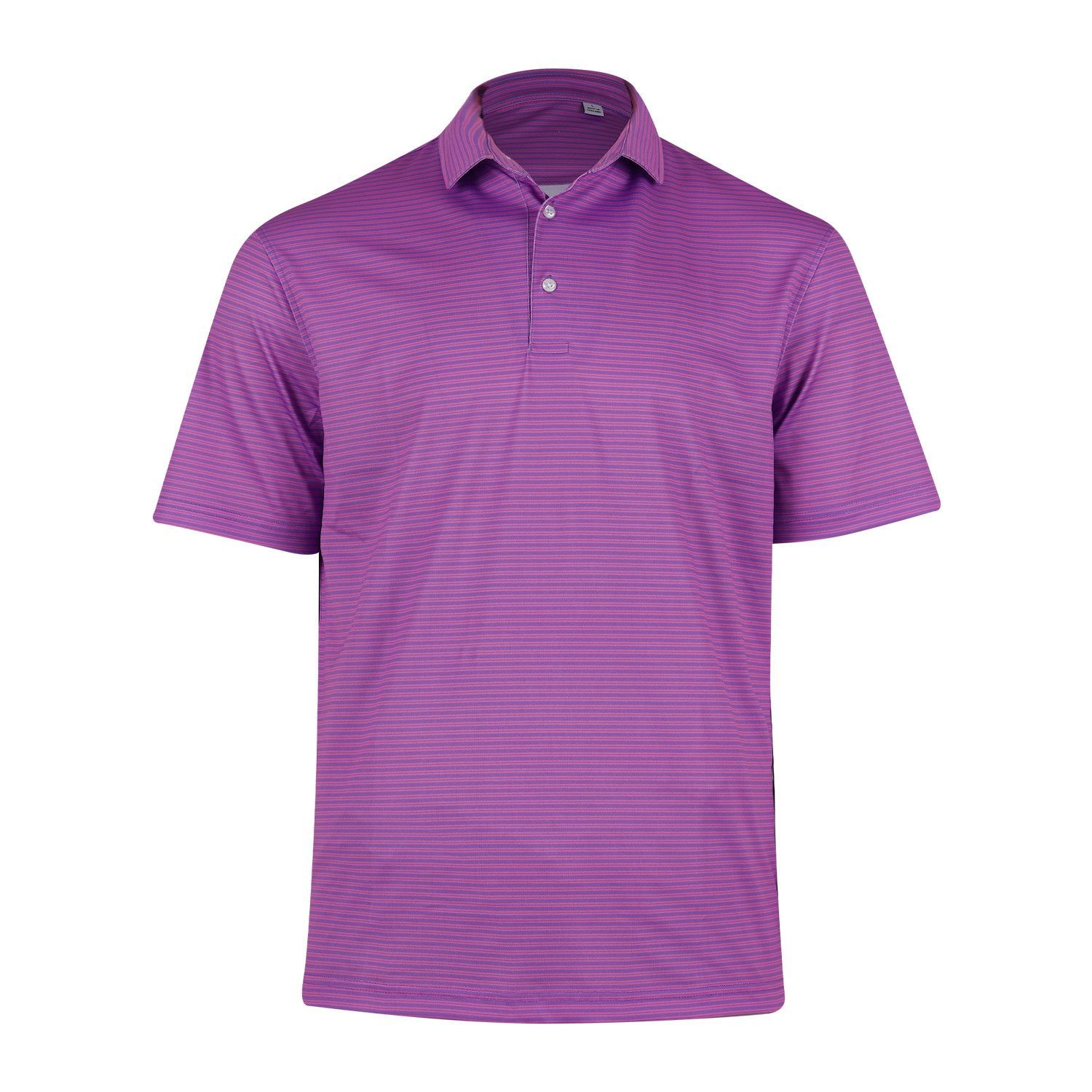A purple striped polo shirt with short sleeves on a white background.