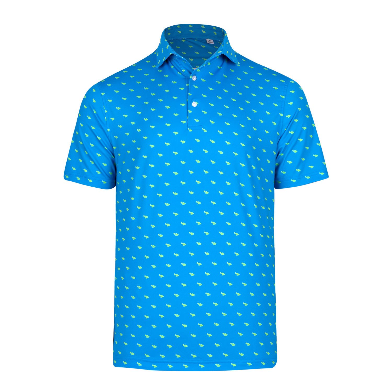 A blue polo shirt with green polka dots on it
