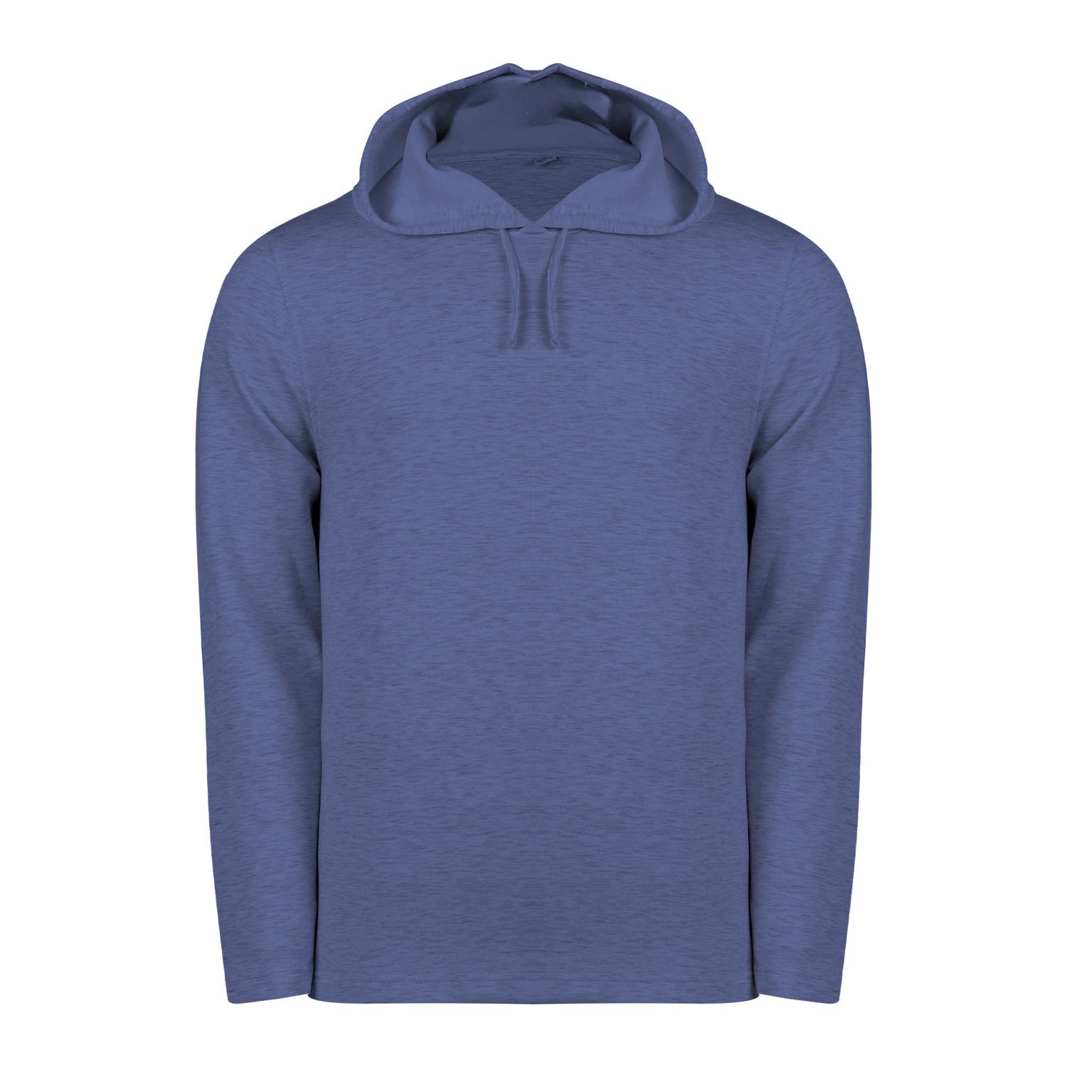 A blue hoodie is shown on a white background