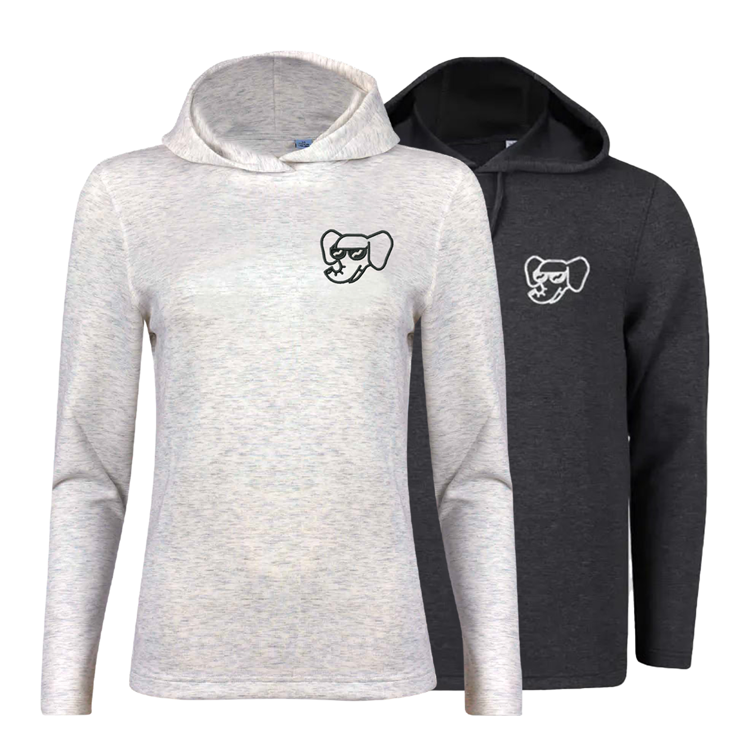 A white hoodie with a logo on the front is on a white background.