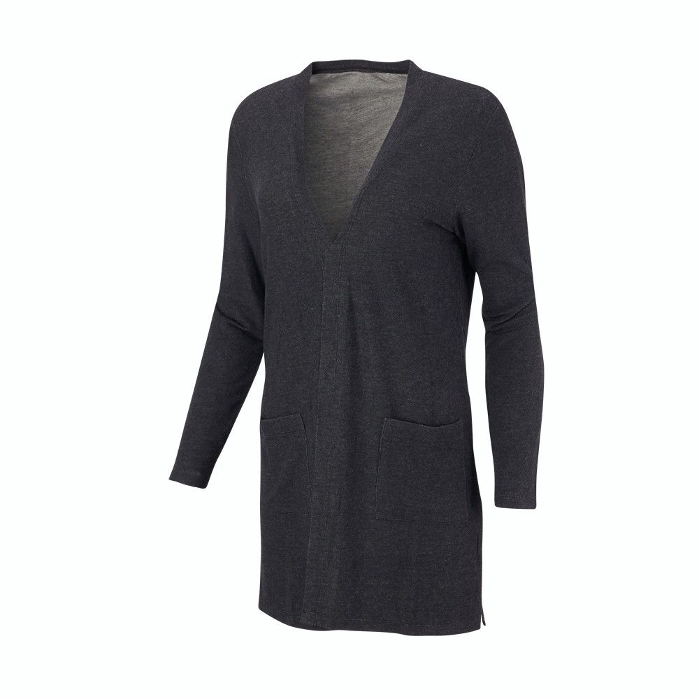 A grey cardigan with long sleeves and pockets
