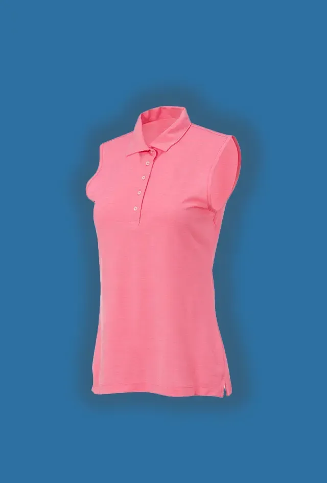 A pink polo shirt is on a mannequin on a blue background.