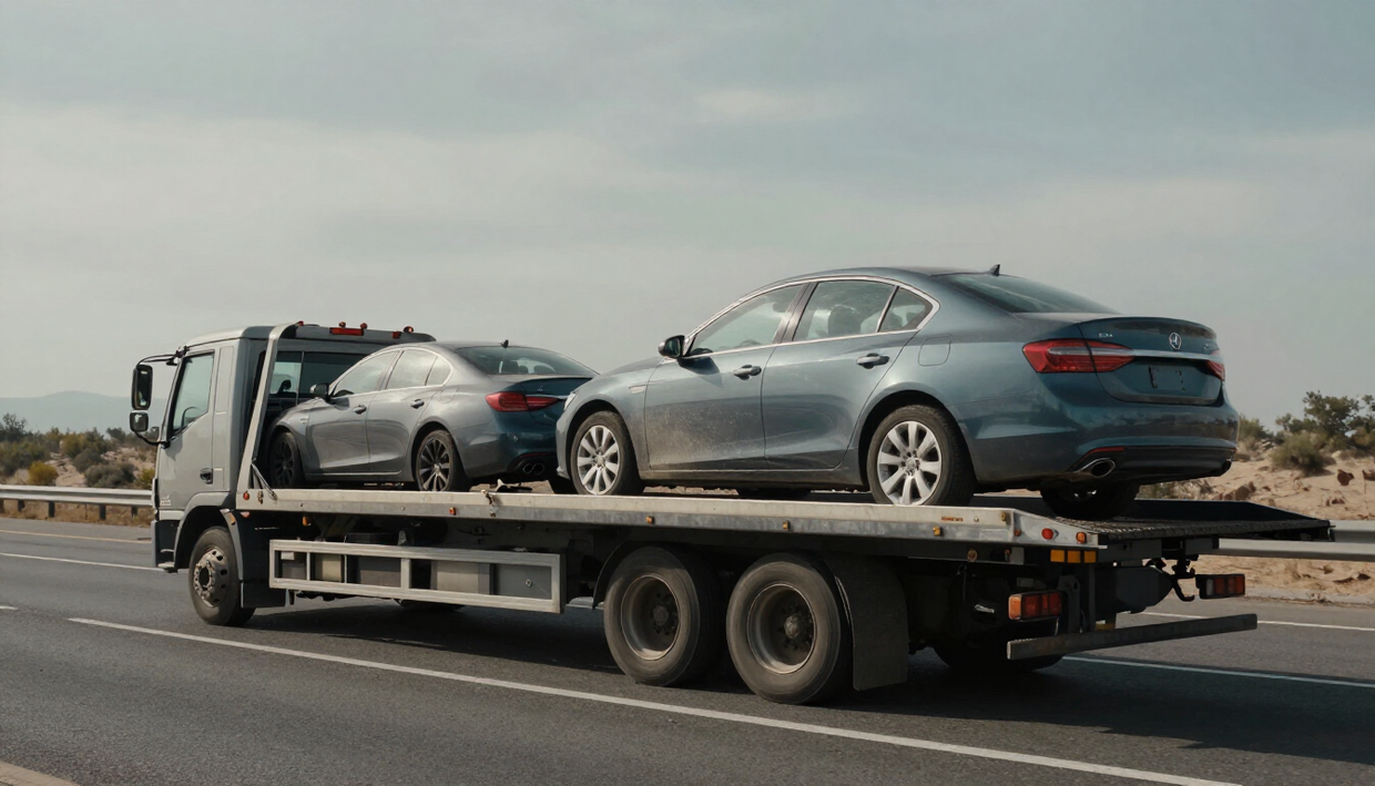 Una grúa transporta dos sedanes plateados en el arcén de una autopista.