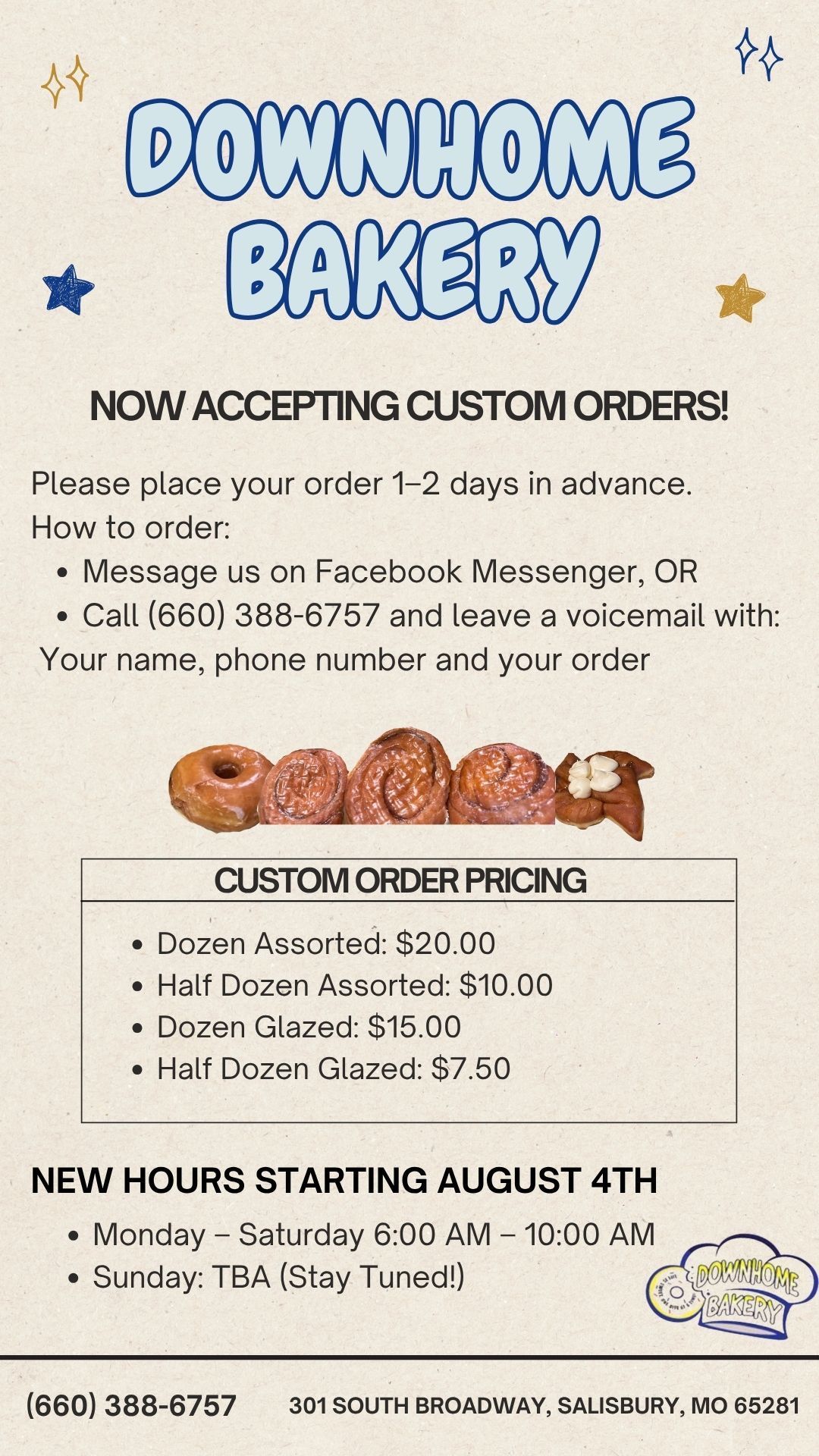 A flyer for downhome bakery with a picture of donuts on it