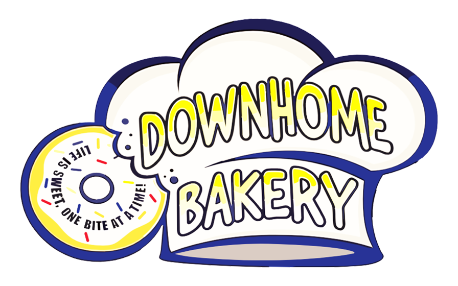 The logo for downhome bakery shows a chef 's hat and a donut.