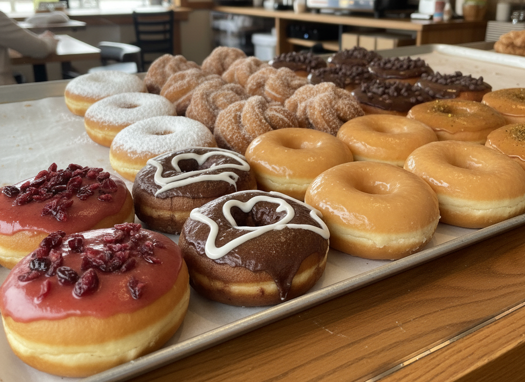 Assortment of donuts on a tray, including glazed, chocolate, and those with cranberry topping, on a wooden counter.